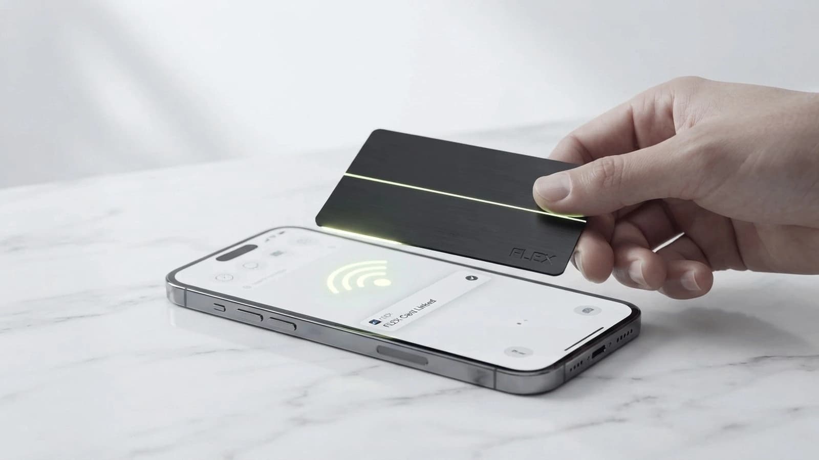 A Flex card held against a phone